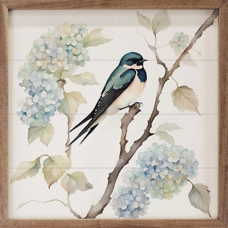 12x12 Barn Swallow on Hydrangea Framed Wall Decor