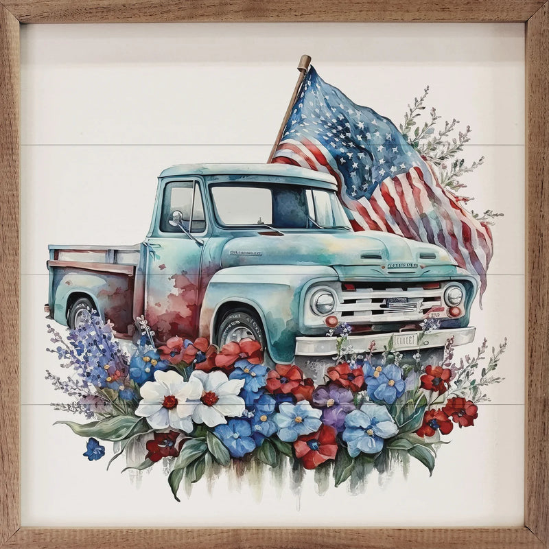 Blue Truck w/ Flag Framed Wall Decor