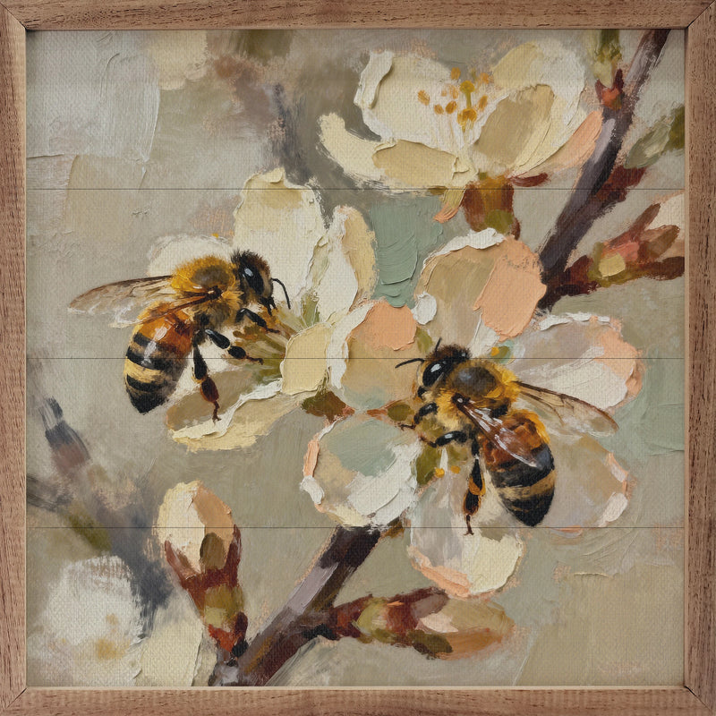 Two Busy Bees Flower Buds Framed Wall Decor