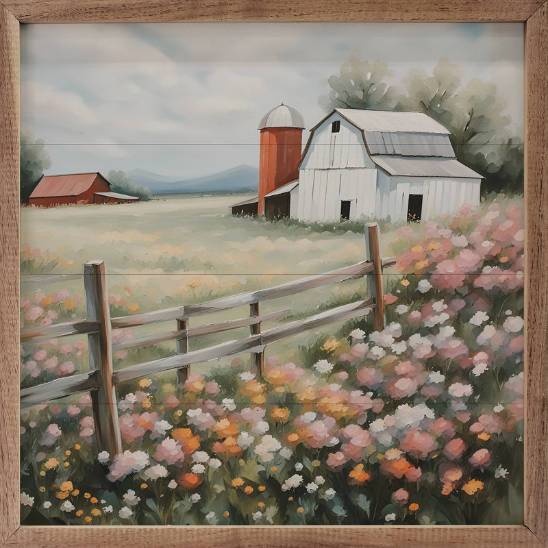 White Barn w/ Silo in Flower Field Framed Wall Decor