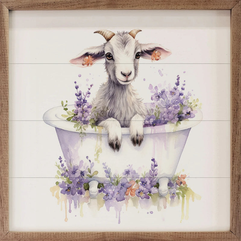White Goat w/ Flowers White Tub Framed Wall Decor