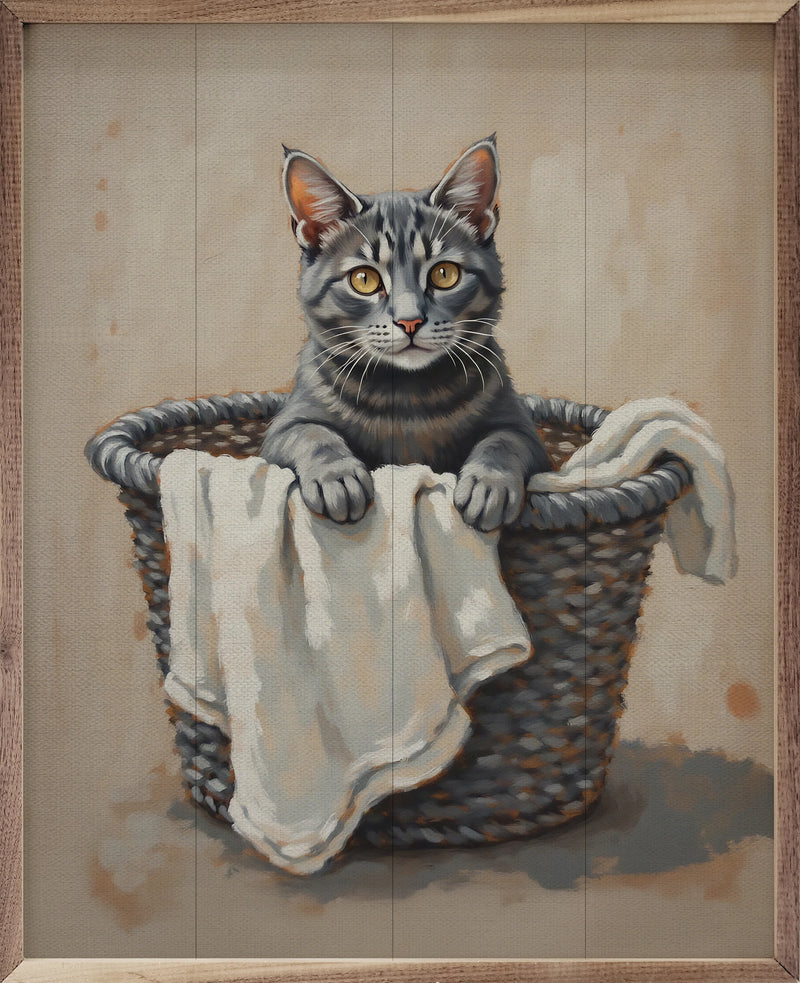 8x10 Gray Cat in Laundry Basket Framed Wall Decor