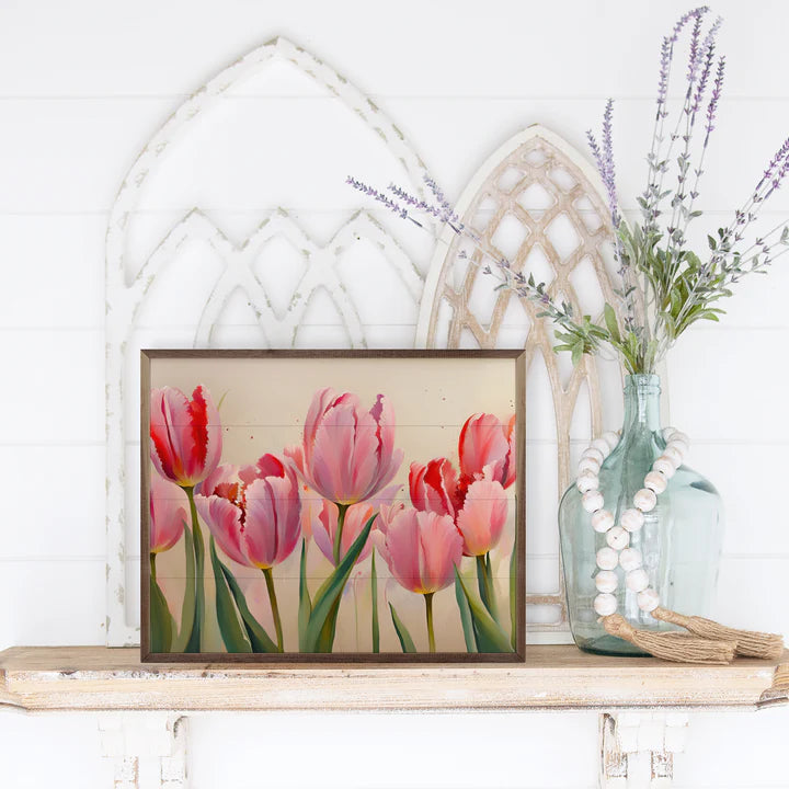 Pink Tulips White Framed Sign 10X8