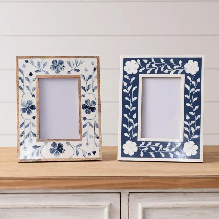 Blue Floral Inlay Photo Frame