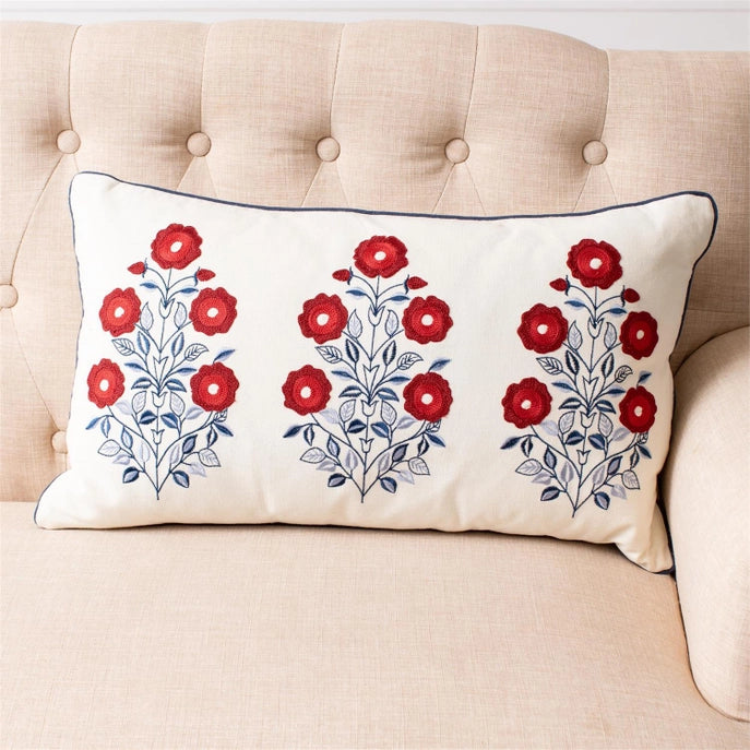 Red White & Blue Embroidered Floral Lumbar Pillow