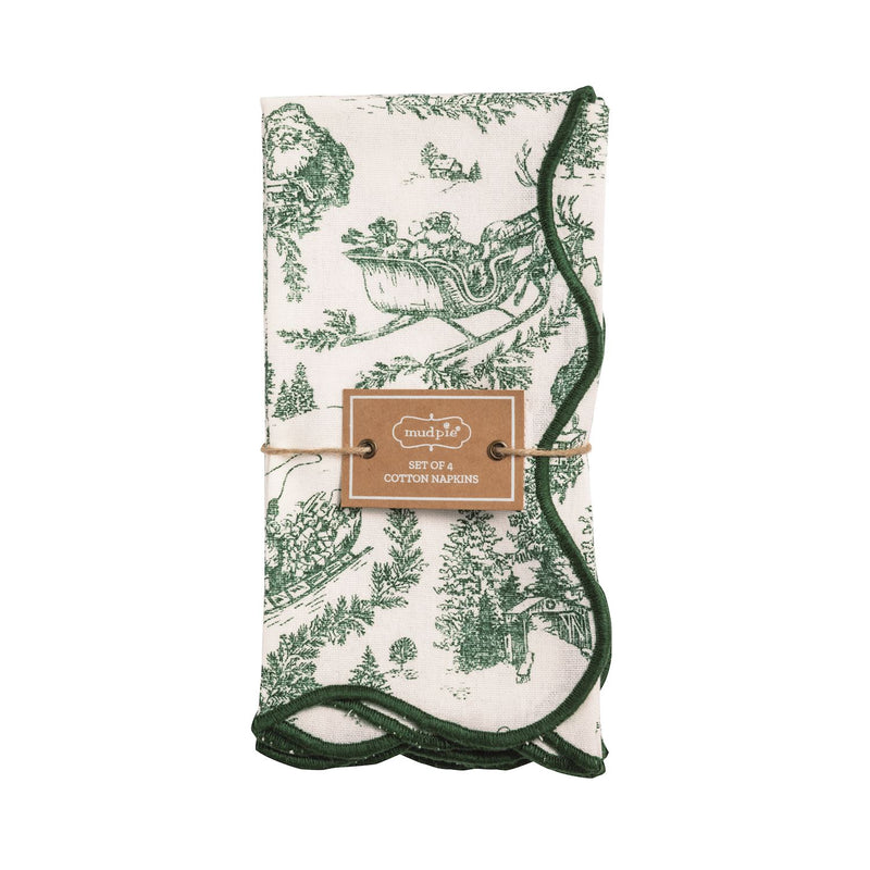 Green Toile Scalloped Cloth Napkins