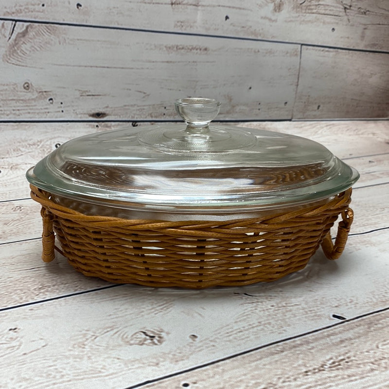 Vintage Glasbake 1 Qt Oval Casserole w/ Lid & Basket