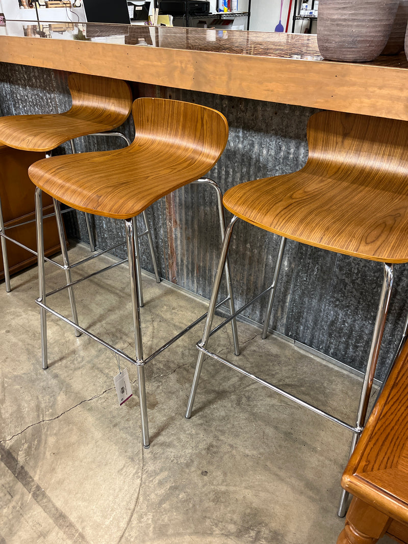 Set of 3 Wooden & Metal Bar Stools