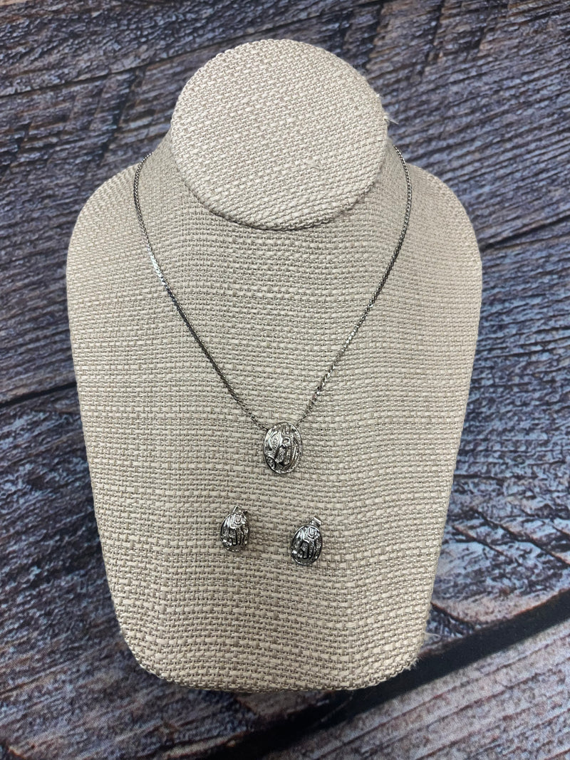 Silver Tone Metal Abstract Pendant Necklace & Post Earrings (SET)