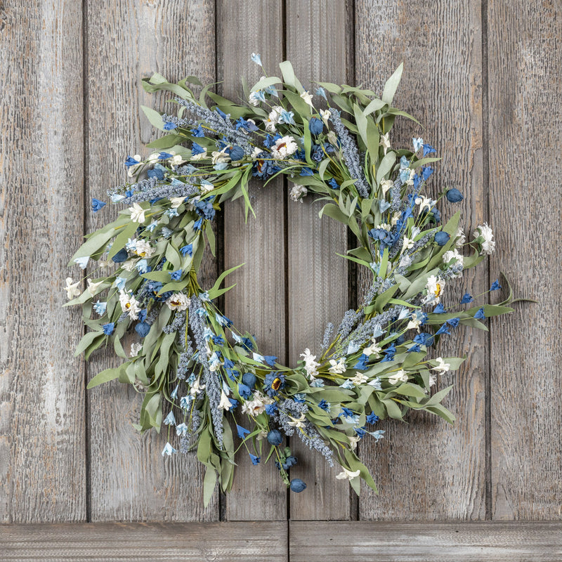 20" WHITE DAISY & BLUE HEATHER WREATH