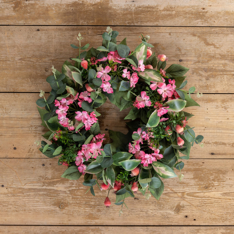 22" PINK GERANIUM W/ MIXED FOLIAGE WREATH