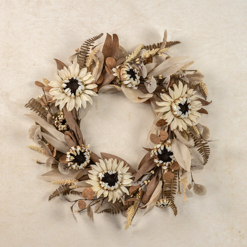 22" Cream Sunflower & Wheat Wreath