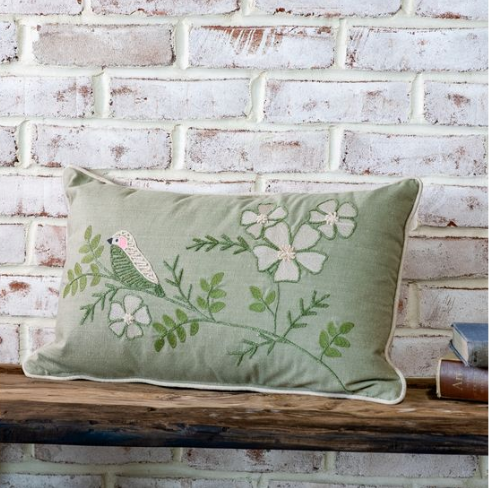 Sage Bird on Branch Pillow