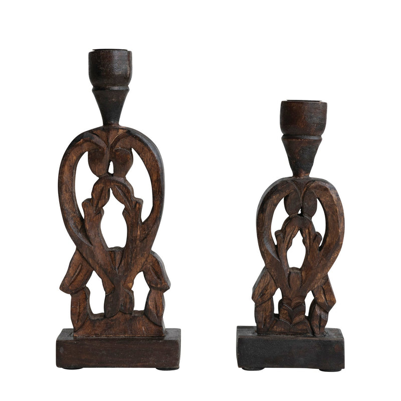 Hand-Carved Mango Wood Taper Holder, Walnut Finish