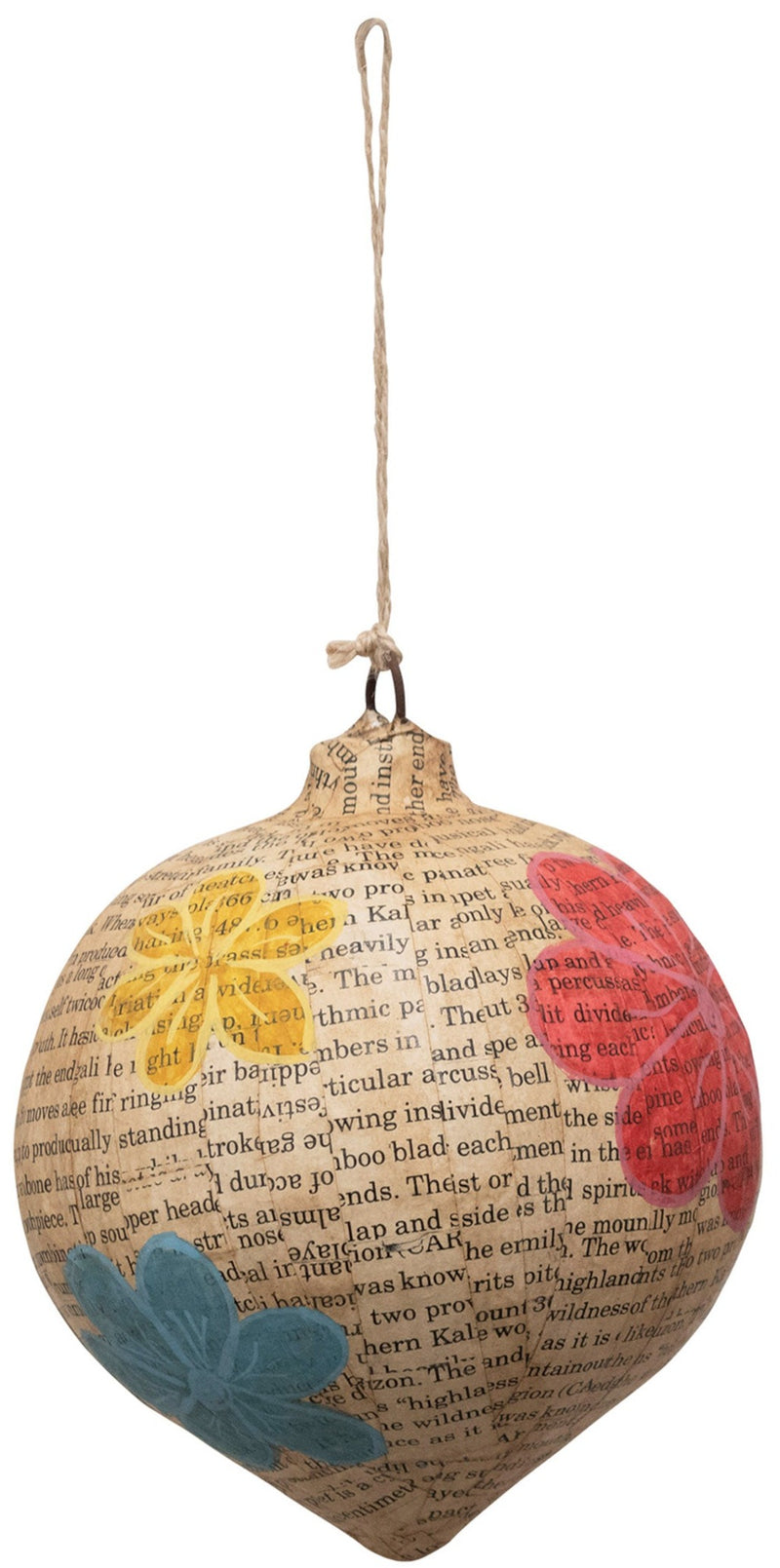 Paper Mache Newsprint Ornament with Hand-Painted Flowers