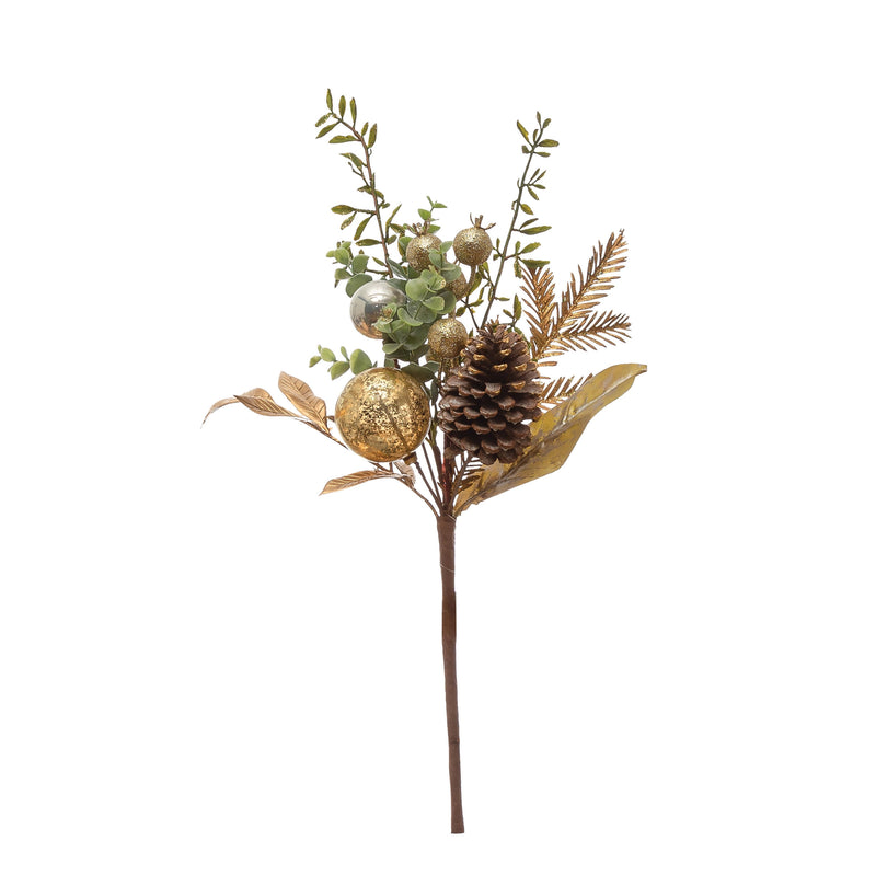 22" Faux Greenery Pick with Gold & Silver Ball Ornaments