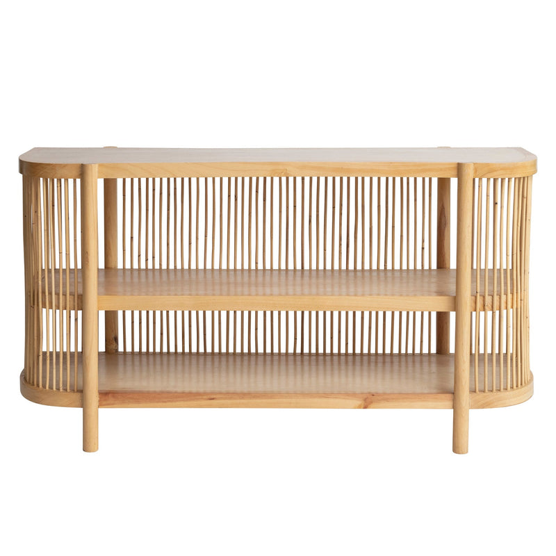 Mahogany Wood & Rattan Slatted Console Table