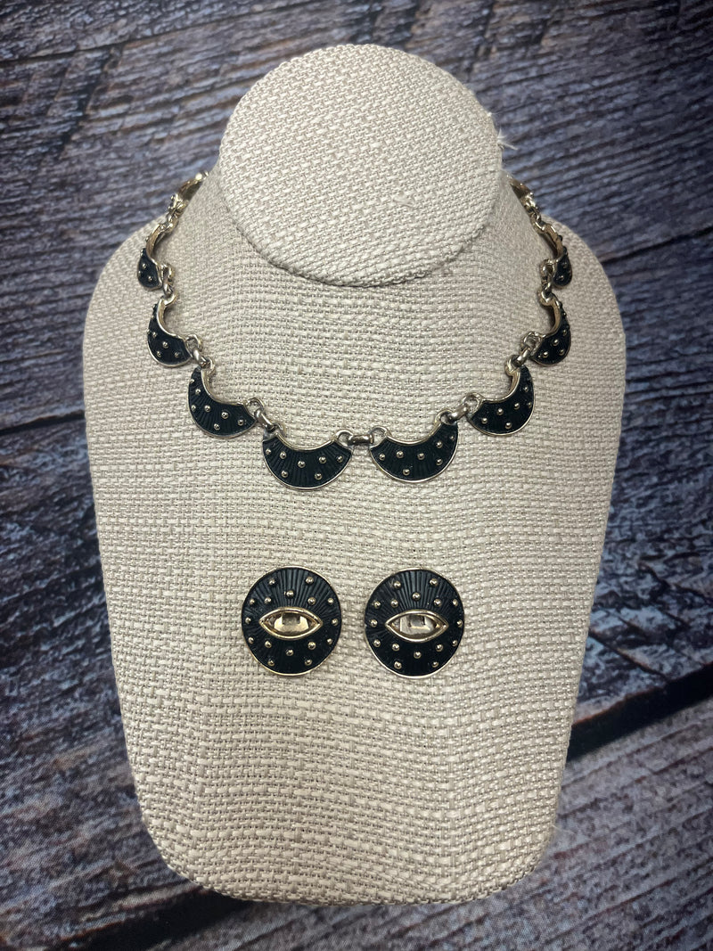 Black & Gold Crescent Moon Links Necklace & Earrings (SET)