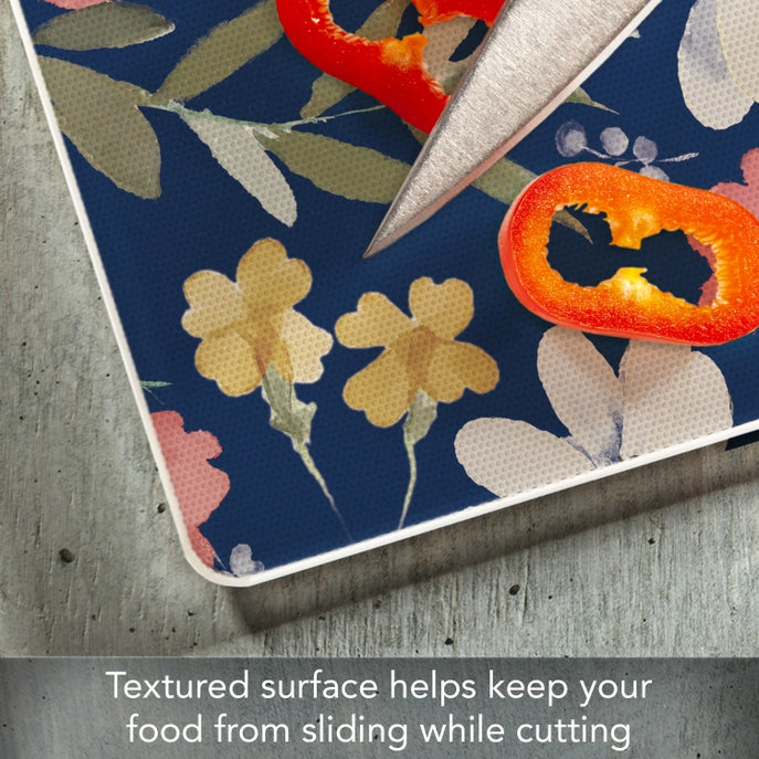 "Meadow Blue Floral" 10x8 Tempered Glass Cutting Board