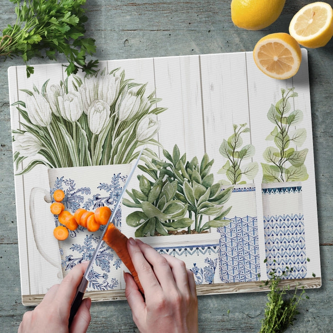 Blue and White Pottery 15x12 Tempered Glass Cutting Board