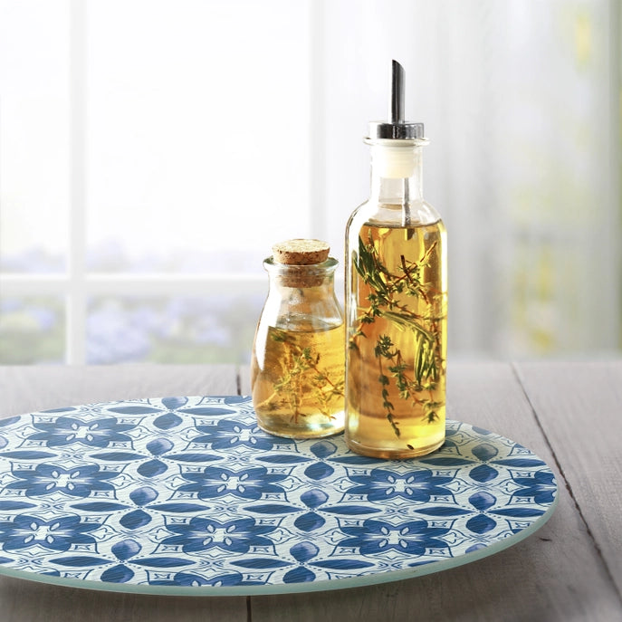 "Blue Tiles" Tempered Glass Lazy Susan