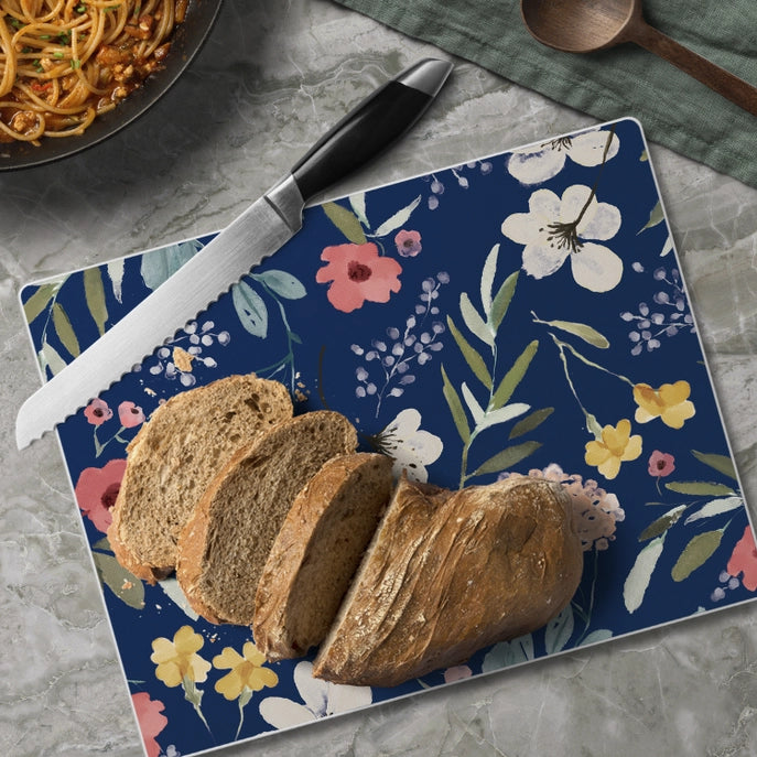 "Meadow Blue Floral" 10x8 Tempered Glass Cutting Board