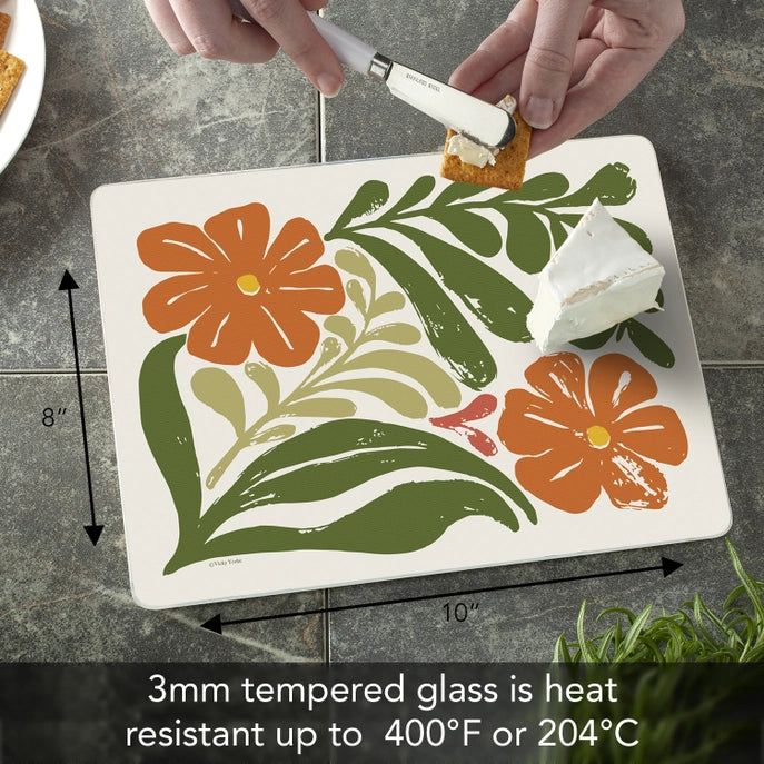 "Retro Floral" 10x8 Tempered Glass Cutting Board