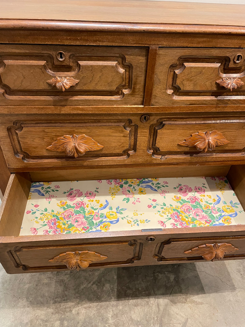 Walnut 4-Drawer Chest w/ Carved Handles (KEY AT FRONT DESK)