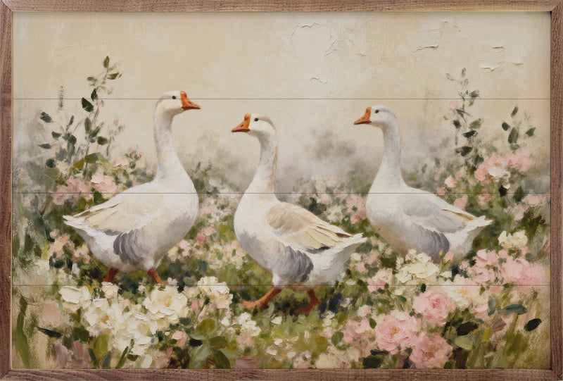 16x10 White Geese in Pink & White Flowers Framed Wall Decor