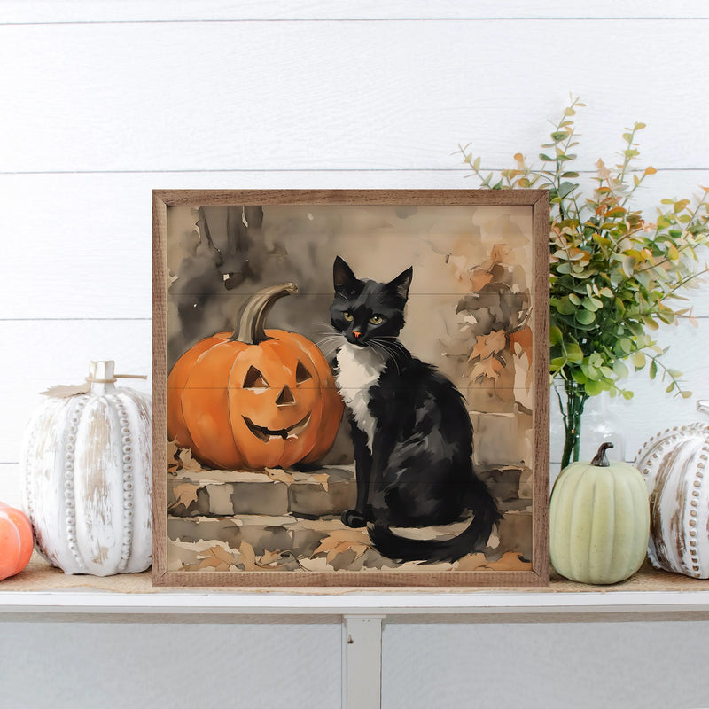 12x12 Black Cat w/ Pumpkin Framed Art
