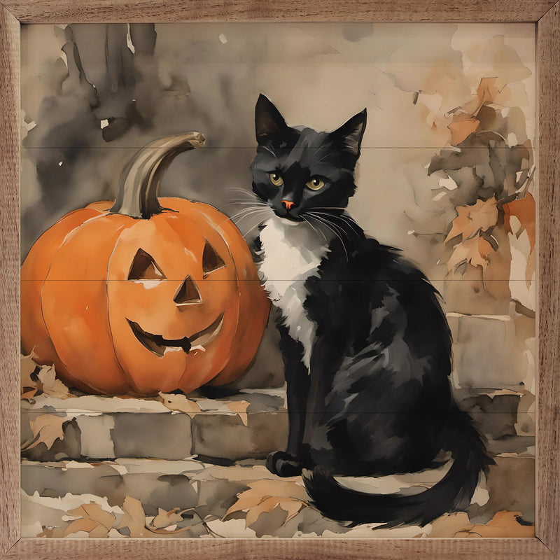 12x12 Black Cat w/ Pumpkin Framed Art