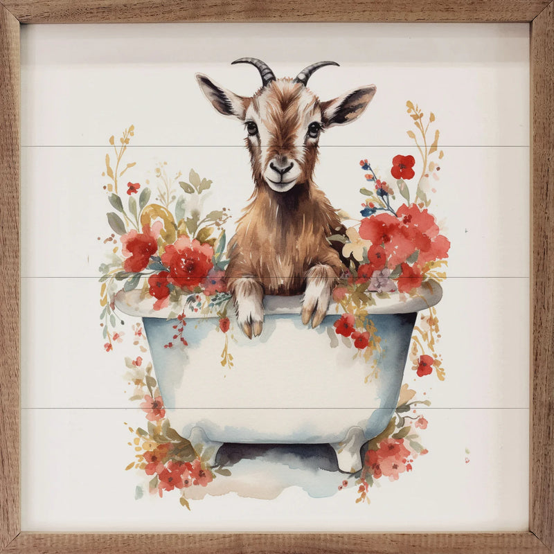 12x12 Brown Goat w/ Flowers White Tub Framed Wall Decor