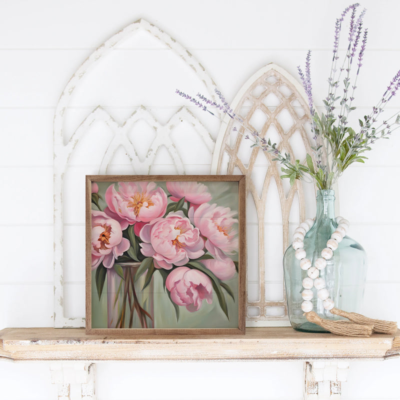 12x12 Pink Peony Bouquet Framed Wall Decor