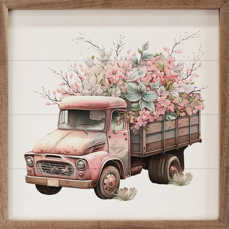 Pink Truck w/ Wood Box Flowers Framed Sign