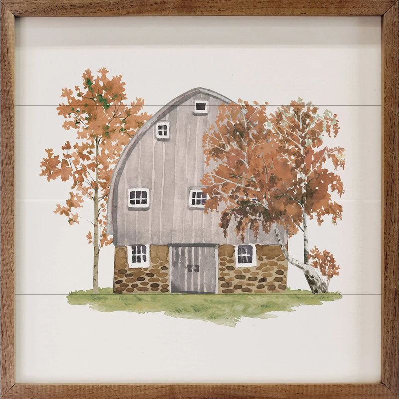 Watercolor White Barn in Autumn