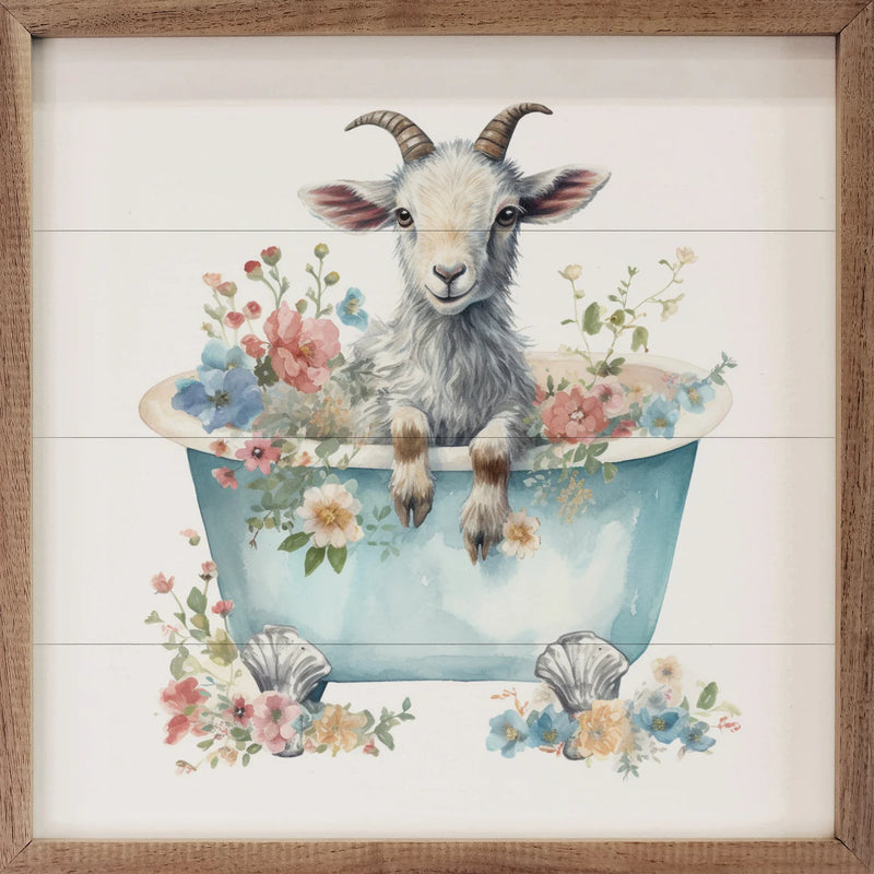 White Goat w/ Flowers Blue Tub