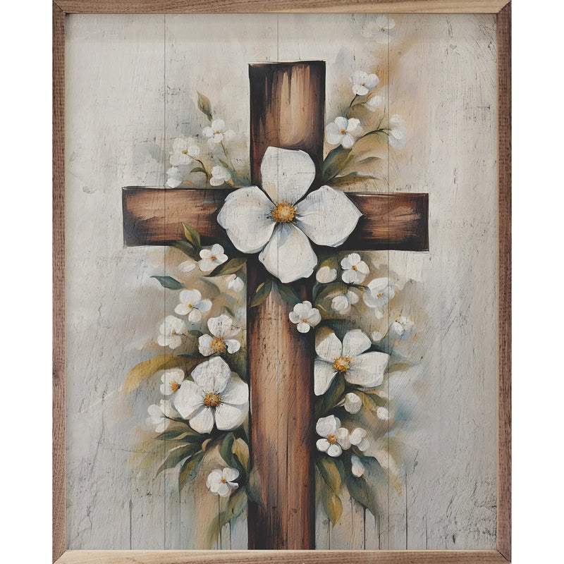 Flowers Behind Cross Framed Sign