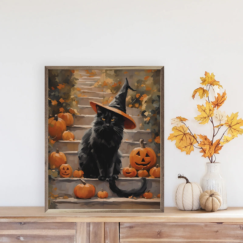 8x10 Halloween Cat with Hat Framed Art