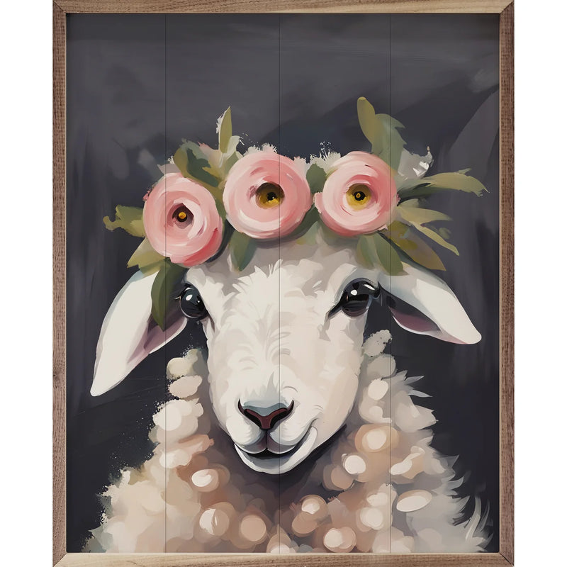 Sheep w Flower Crown Framed Sign