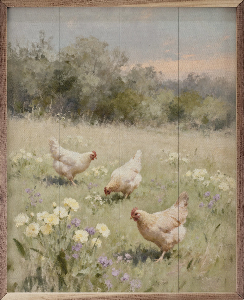 Chickens Playing in Pasture Framed Wall Decor