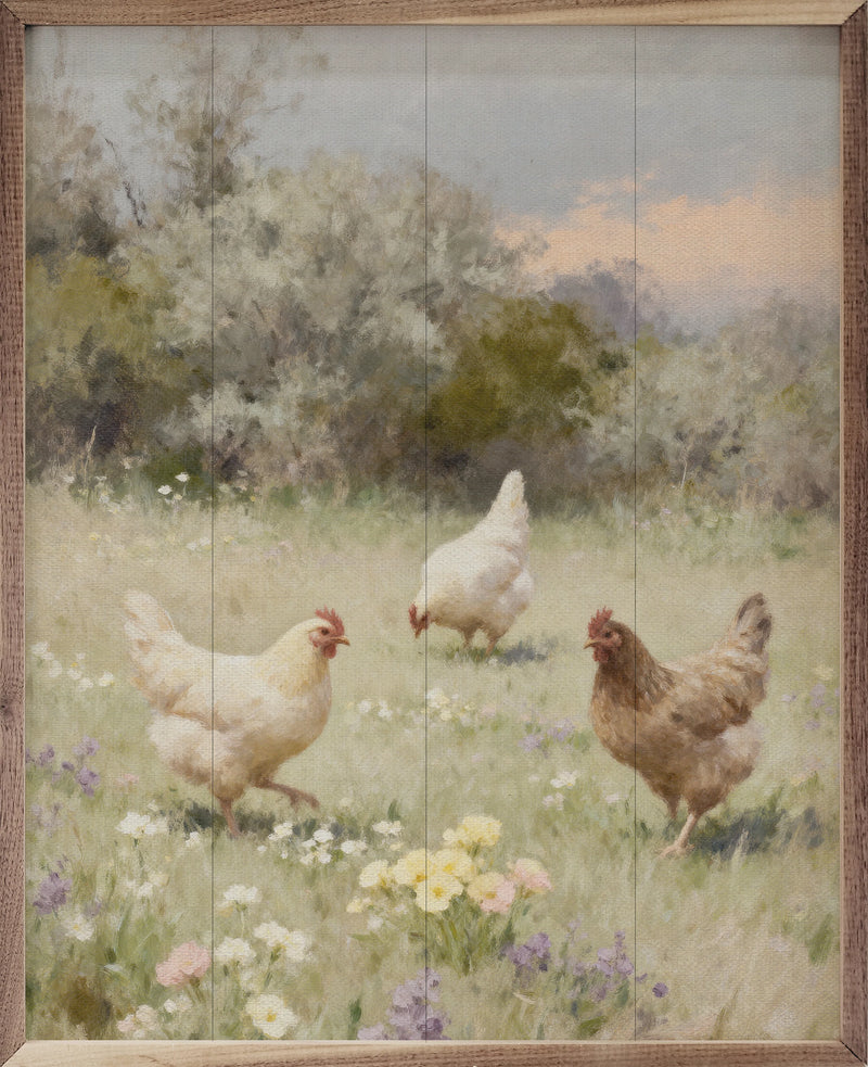 Chickens Playing in Pasture One Brown Framed Wall Decor