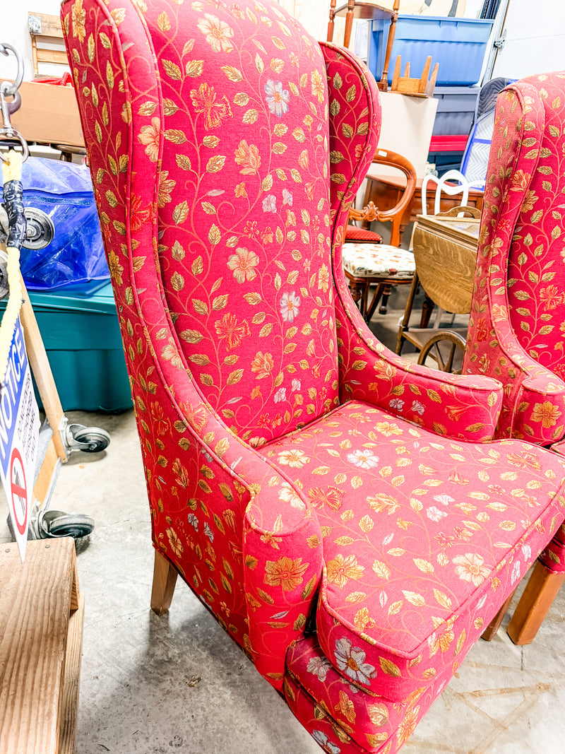 Set of 2 Tall Burgandy Floral Wingback Chairs