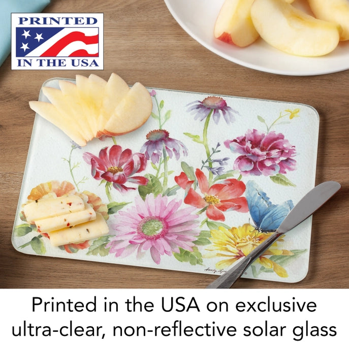 Zinnias Butterflies 10x8 Tempered Glass Cutting Board