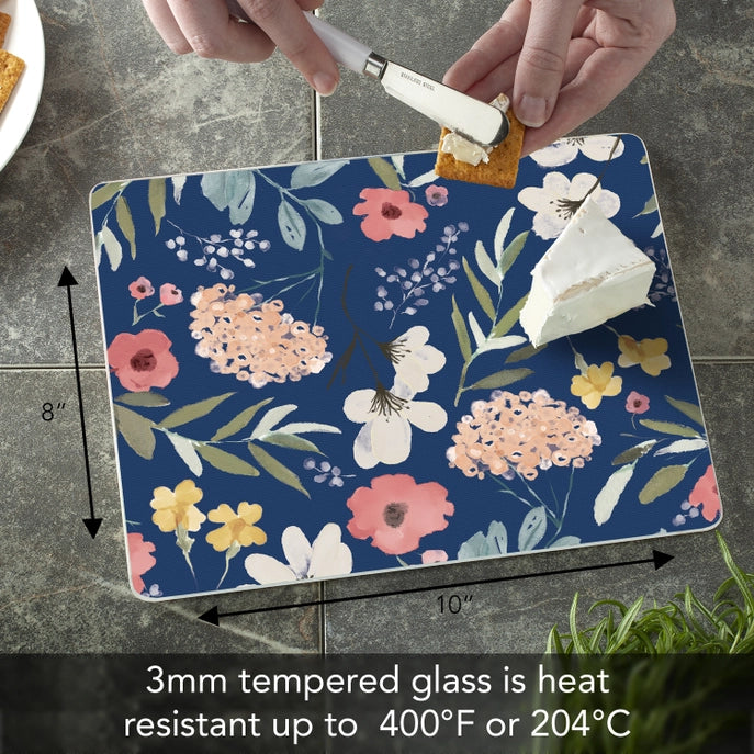 "Meadow Blue Floral" 10x8 Tempered Glass Cutting Board