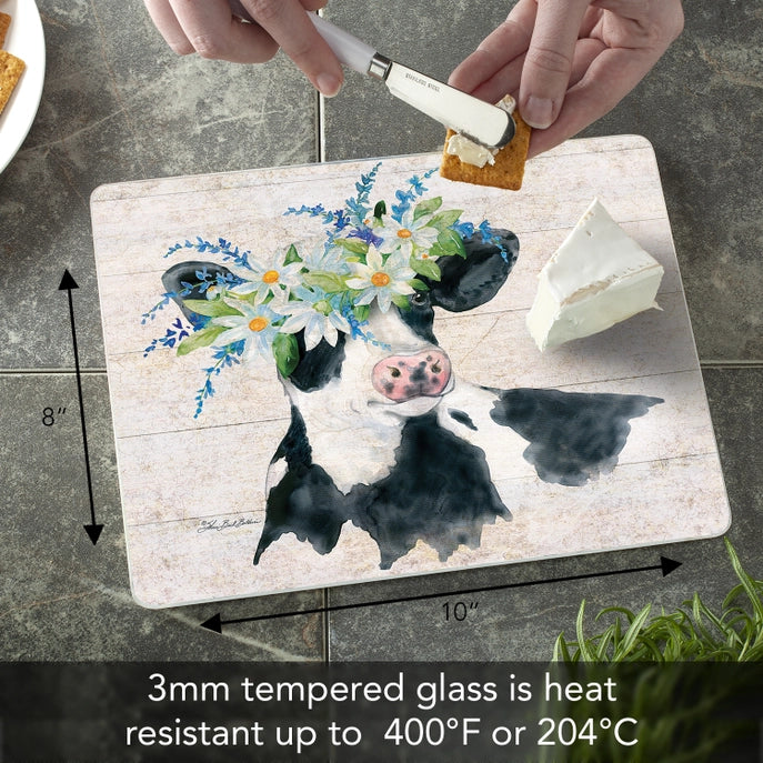 "Spring Cow" 10x8 Tempered Glass Cutting Board