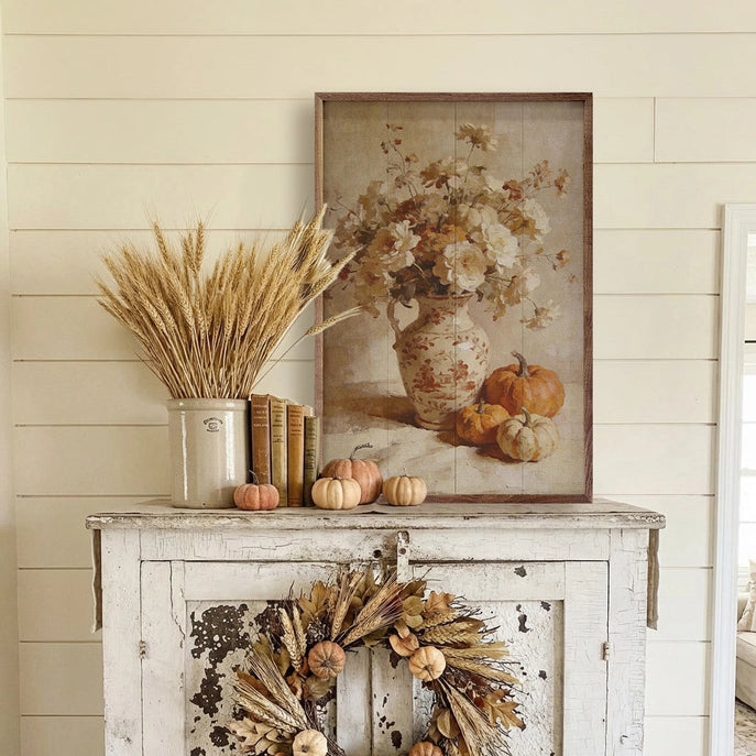 16x24 Soft Autumn Floral and Pumpkin Still Life Framed Art