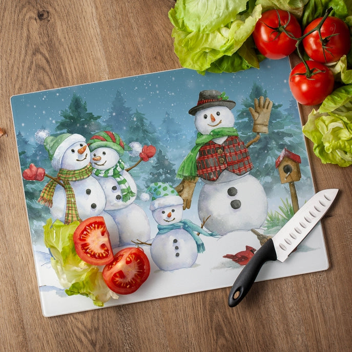 "Snowman Family" 15x12 Tempered Glass Cutting Board