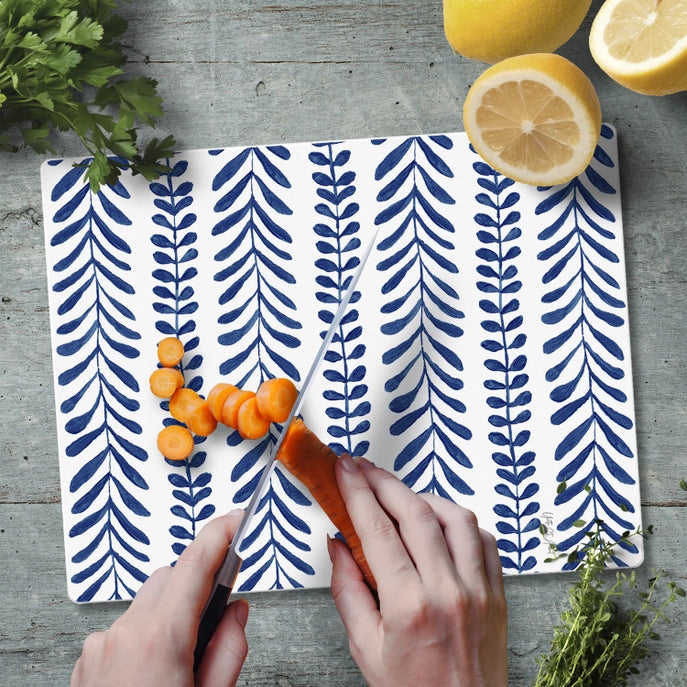 "Indigo Seaweed" 10x8 Tempered Glass Cutting Board