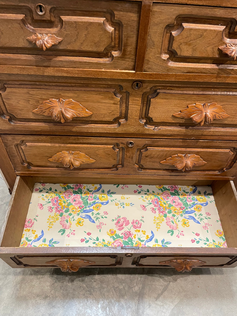 Walnut 4-Drawer Chest w/ Carved Handles (KEY AT FRONT DESK)