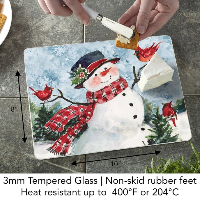 Watercolor Snowman 10x8 Tempered Glass Cutting Board